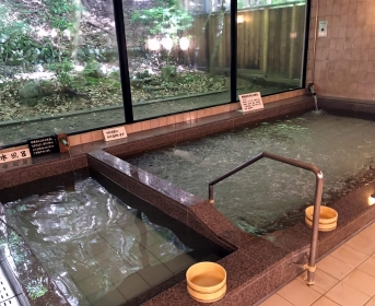 Premier "onsen" (sources thermales) pour nous au Japon. Il y avait également des bains à l'extérieur qui donnaient sur les montagnes environnantes. très apaisant et reposant (et très chaud !).