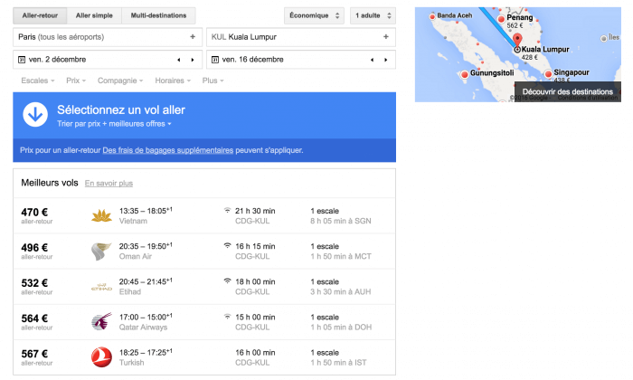 Voici à quoi ressemble l'interface de Google Flight